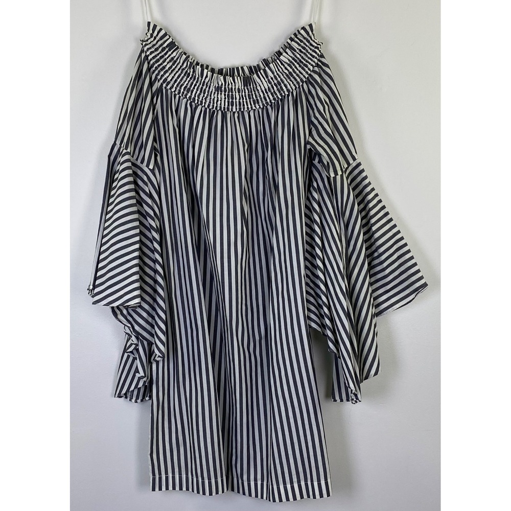 New York & Company Black White Striped Off Shoulder Dress L Bell Sleeve Chic